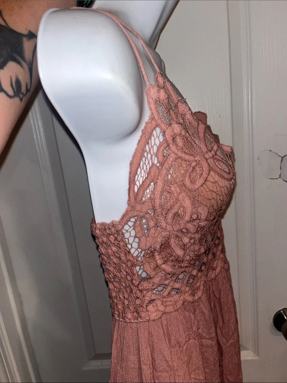 Free People Adella Maxi Slip Dress in a dusty rose color, featuring a crocheted